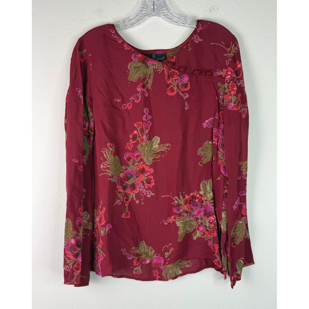 Carole Little Blouse Womens 10 Burgundy Floral Long Sleeve Button Neck Top Artsy